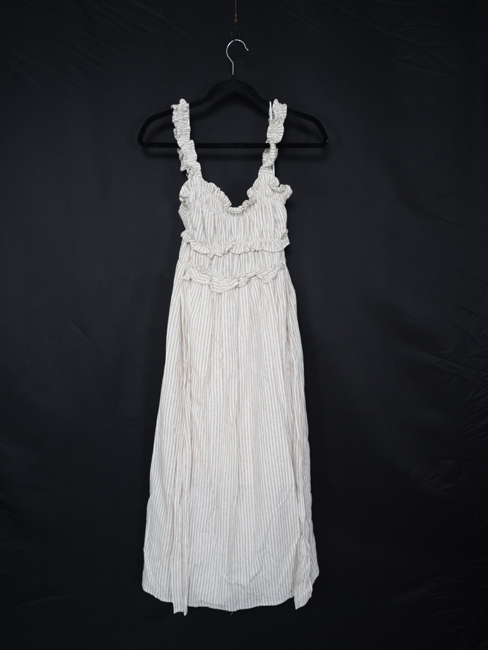 Smocked White Striped Ruffle Maxi Dress